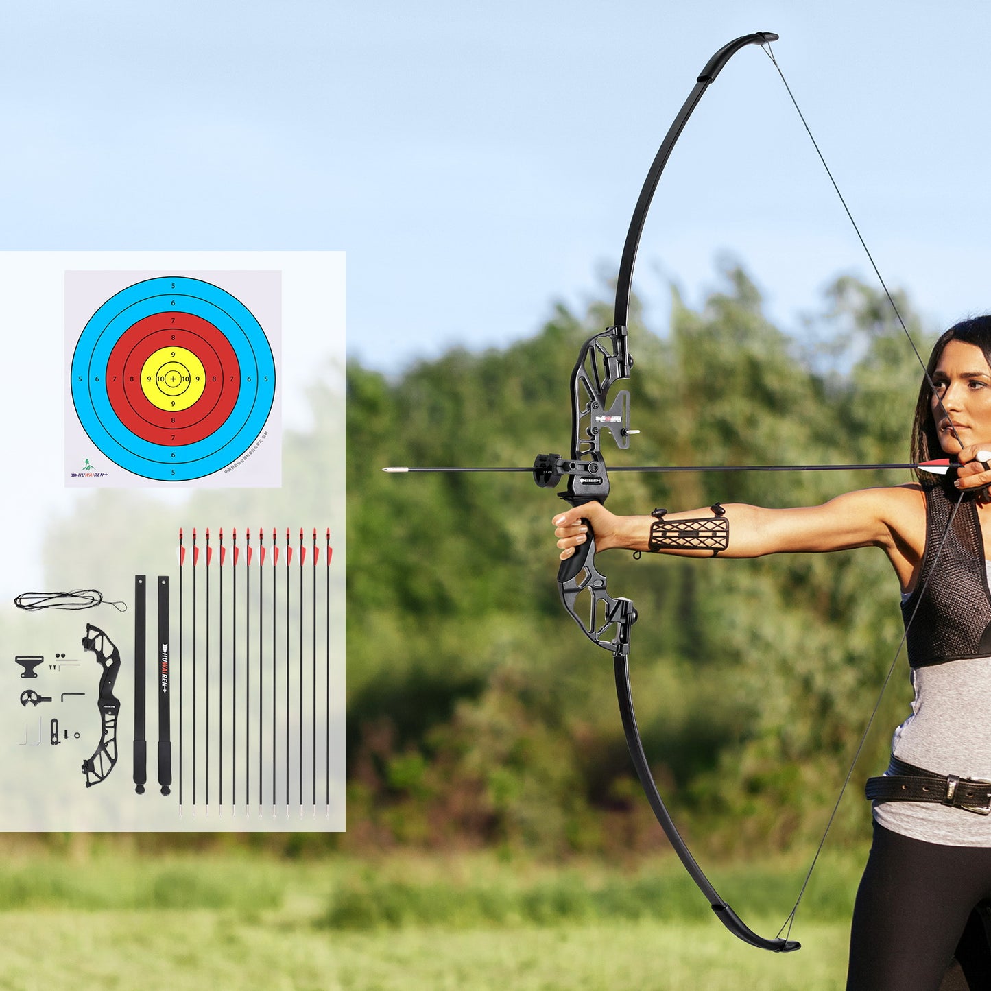 Everfit 55lbs Bow Arrow Set Recurve Takedown Archery Hunting for Beginner Red - OutdoorKids.au