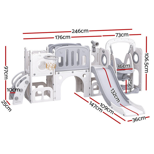 Keezi Kids Slide Swing Set Basketball Hoop Ring Football Outdoor Toys 132cm grey - OutdoorKids.au