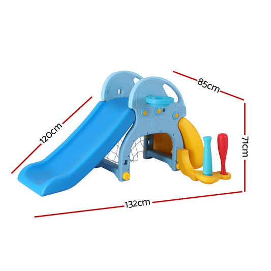Keezi Kids Slide Set Baseball Bat Basketball Hoop Outdoor Playground 120cm Blue - OutdoorKids.au