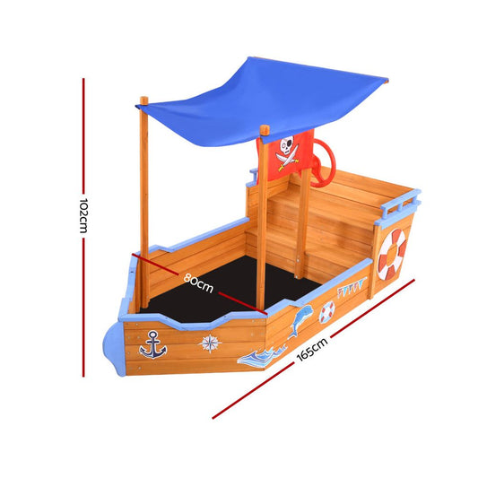 Keezi Kids Sandpit Wooden Boat Sand Pit with Canopy Bench Seat Beach Toys 165cm - OutdoorKids.au