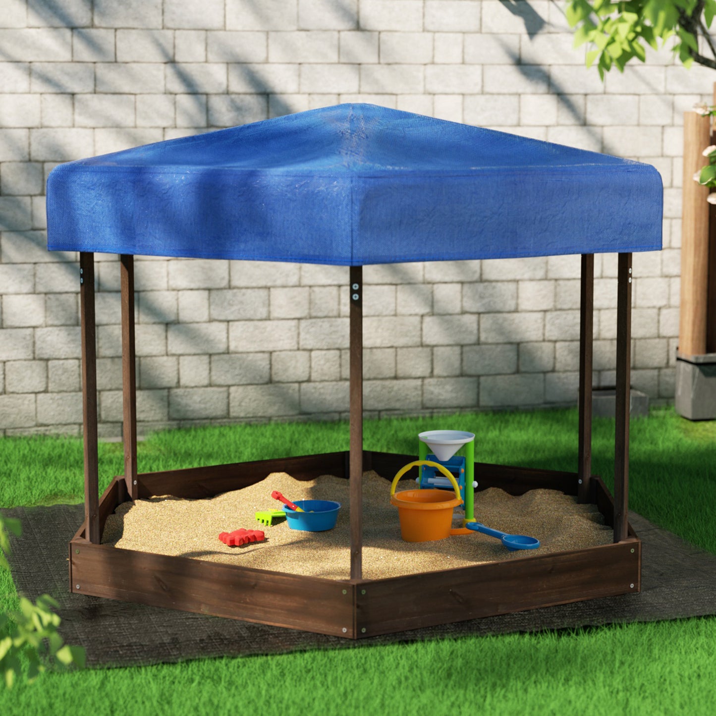 Keezi Kids Sandpit Wooden Hexagon Sand Pit with Canopy Outdoor Beach Toys 182cm - OutdoorKids.au