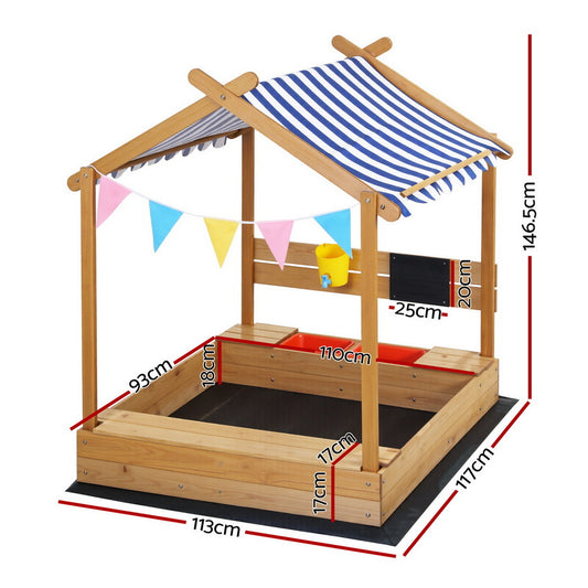 Keezi Kids Sandpit Wooden Sandbox Sand Pit with Canopy Water Basin Toys 146cm - OutdoorKids.au