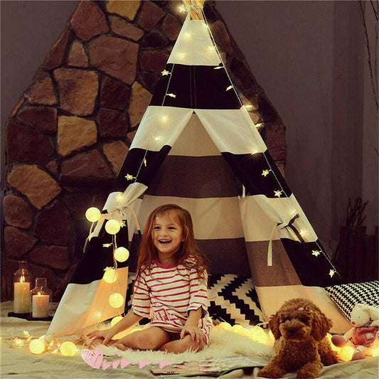 Kids Teepee Tent Linen Wood Black White Stripe - OutdoorKids.au