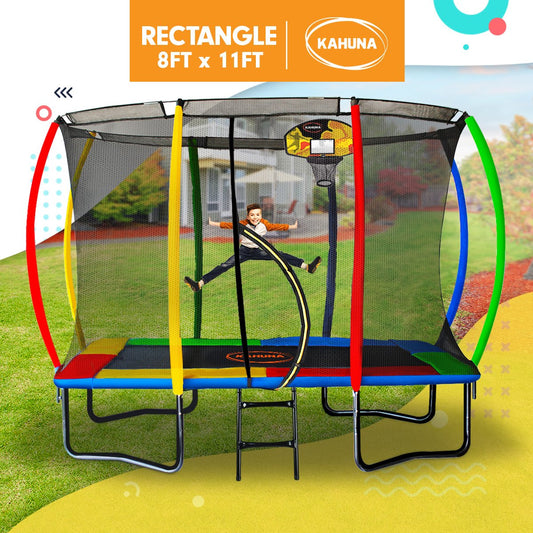 Kahuna 8ft x 11ft Outdoor Rectangular Rainbow Trampoline With Safety Enclosure And Basketball Hoop Set. - OutdoorKids.au