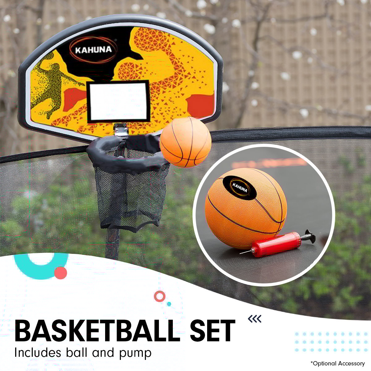 Kahuna 8ft x 11ft Outdoor Rectangular Rainbow Trampoline With Safety Enclosure And Basketball Hoop Set. - OutdoorKids.au