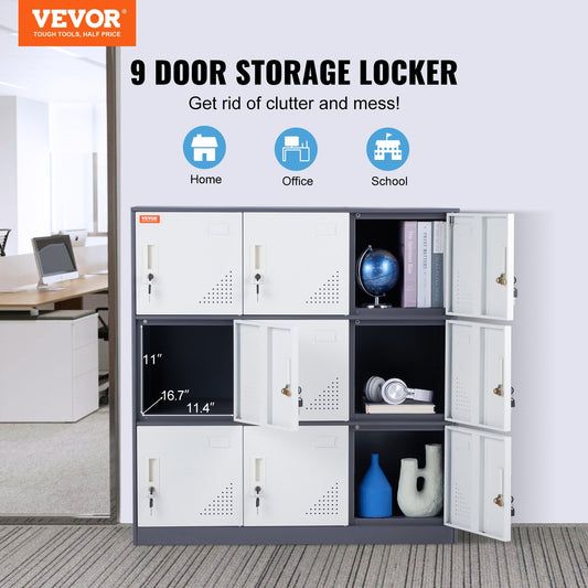 VEVOR 9 Doors Metal Storage Cabinet Employees Steel Storage Cabinet Office Gray - OutdoorKids.au