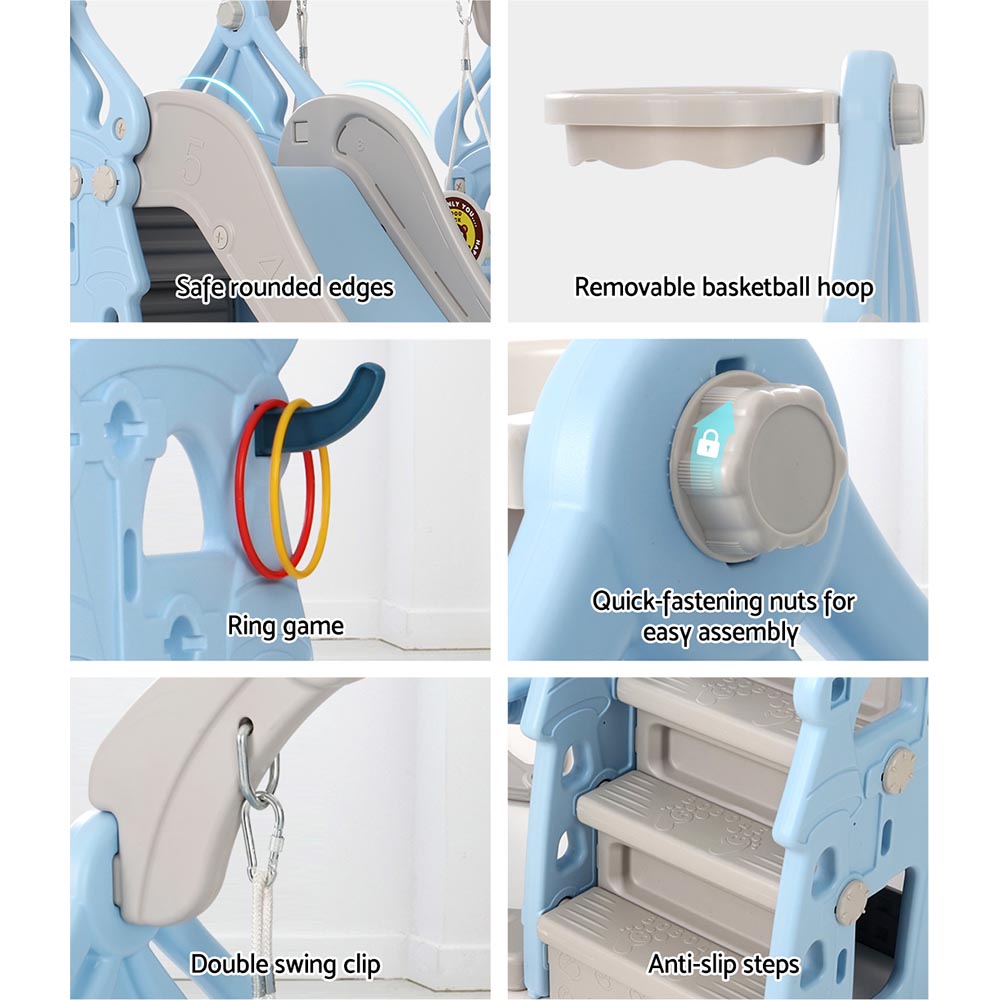 Keezi Kids Slide Swing Set Basketball Hoop Rings Outdoor Playground 170cm Blue - OutdoorKids.au