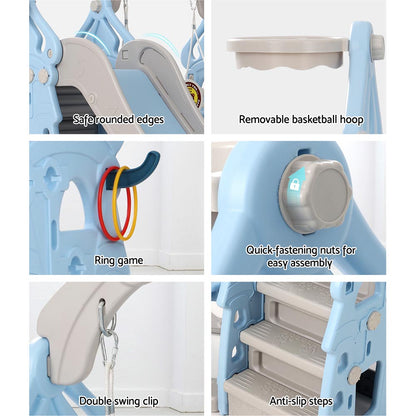 Keezi Kids Slide Swing Set Basketball Hoop Rings Outdoor Playground 170cm Blue - OutdoorKids.au