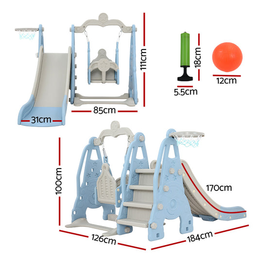 Keezi Kids Slide Swing Set Basketball Hoop Outdoor Playground Toys 170cm Blue - OutdoorKids.au