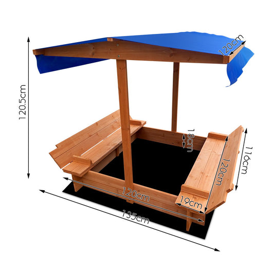 Keezi Kids Sandpit Wooden Sandbox Sand Pit with Canopy Foldable Seat Toys 120cm - OutdoorKids.au