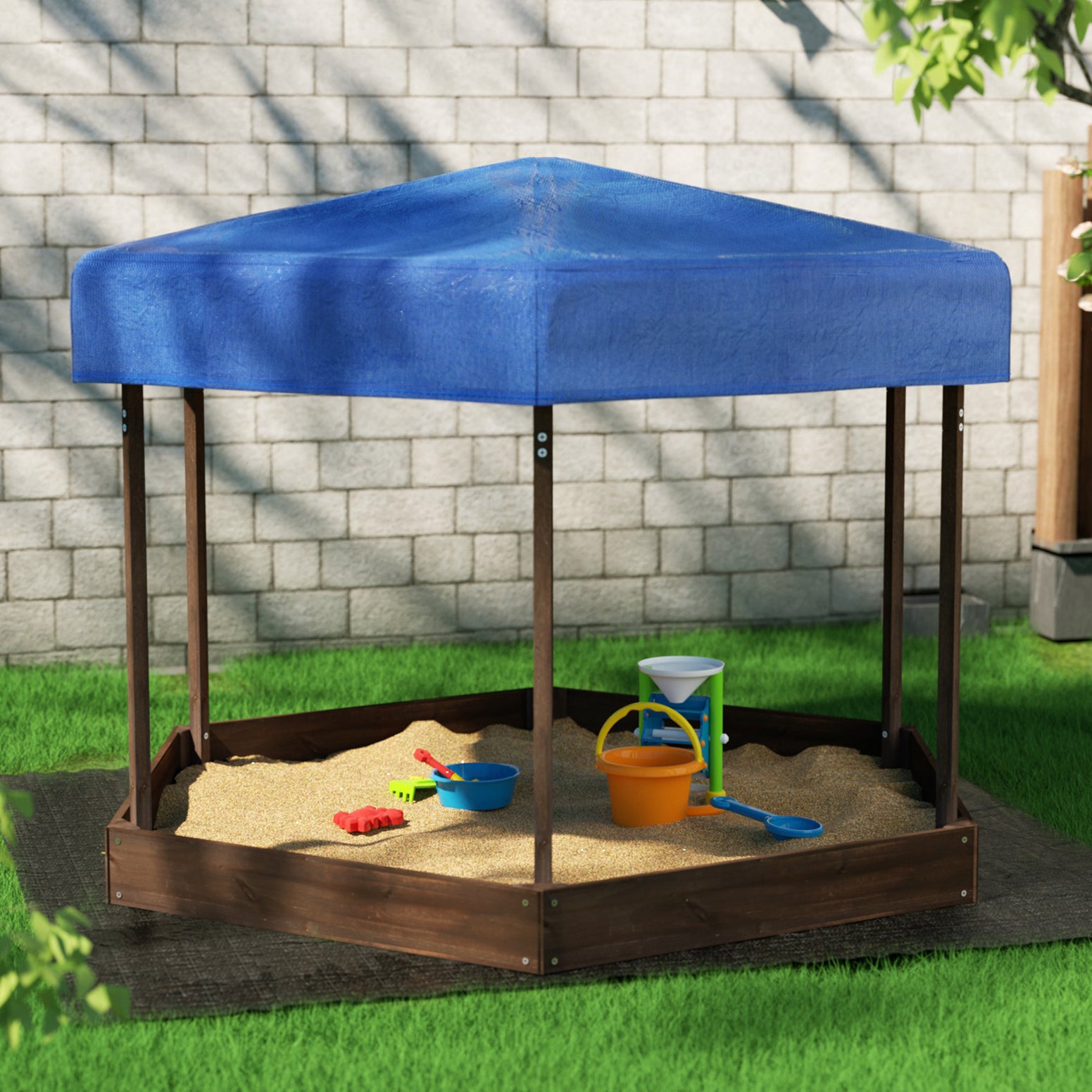 Keezi Kids Sandpit Wooden Hexagon Sand Pit with Canopy Outdoor Beach Toys 182cm - OutdoorKids.au