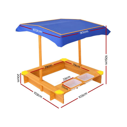 Keezi Kids Sandpit Wooden Sandbox Sand Pit with Canopy Water Basin Toys 103cm - OutdoorKids.au