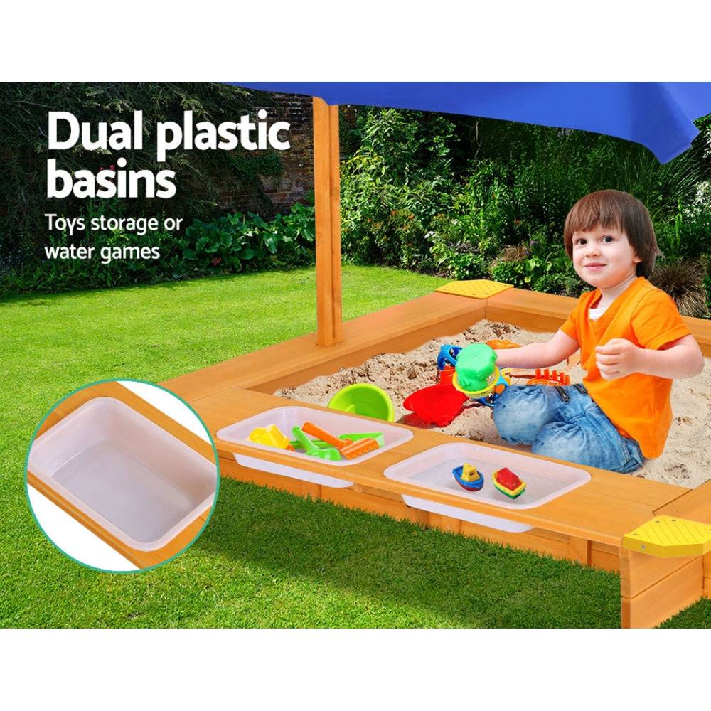 Keezi Kids Sandpit Wooden Sandbox Sand Pit with Canopy Water Basin Toys 103cm - OutdoorKids.au