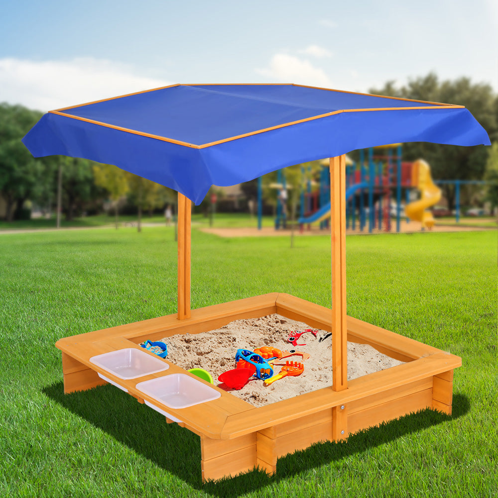Keezi Kids Sandpit Wooden Sandbox Sand Pit with Canopy Water Basin Toys 103cm - OutdoorKids.au