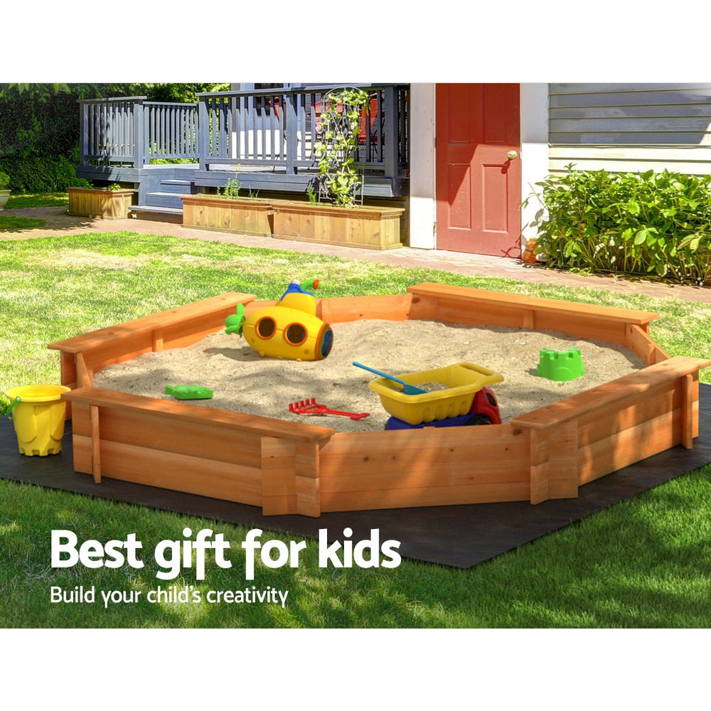 Keezi Kids Sandpit Wooden Round Sand Pit with Cover Bench Seat Beach Toys 182cm - OutdoorKids.au