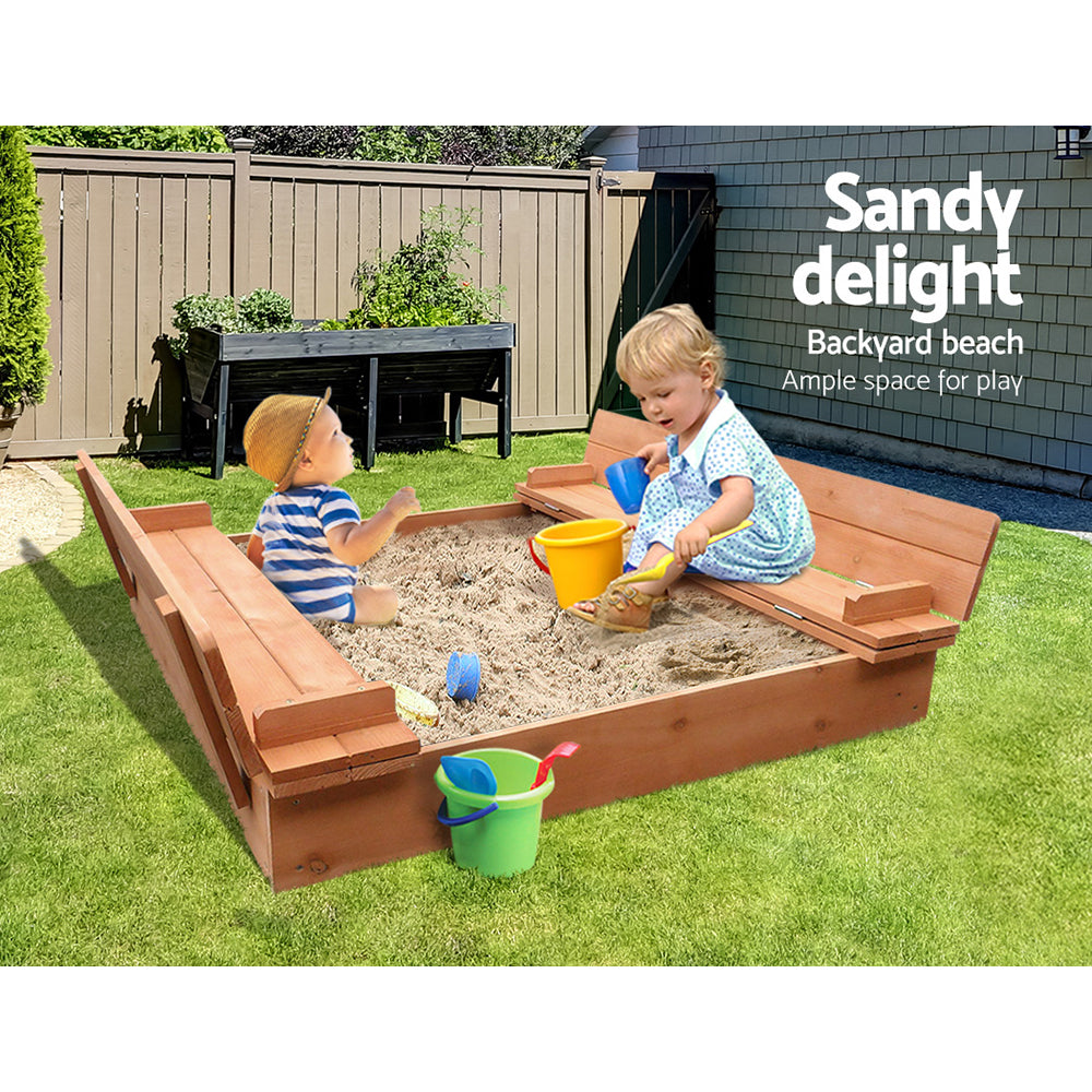 Keezi Kids Sandpit Wooden Sandbox Sand Pit Foldable Seat Outdoor Beach Toys 90cm - OutdoorKids.au