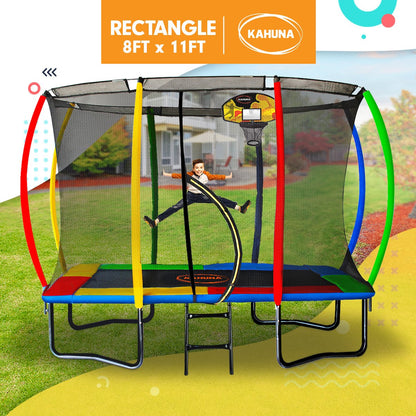 Kahuna 8ft x 11ft Outdoor Rectangular Rainbow Trampoline With Safety Enclosure And Basketball Hoop Set. - OutdoorKids.au