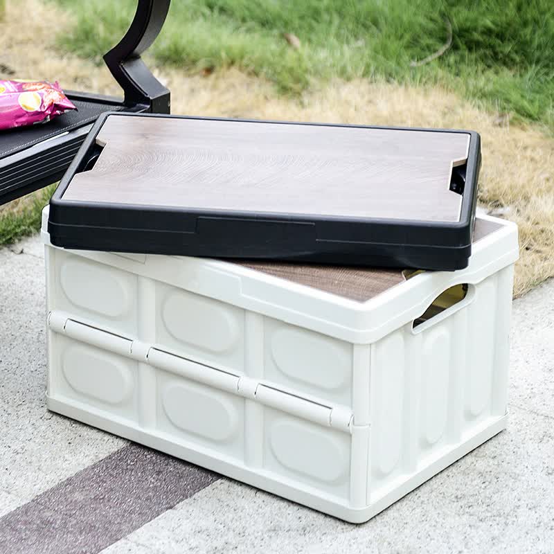 30L White Foldable Storage Box with Wooden Lid - Multifunctional Car Organizer, Outdoor Folding Storage Container - OutdoorKids.au