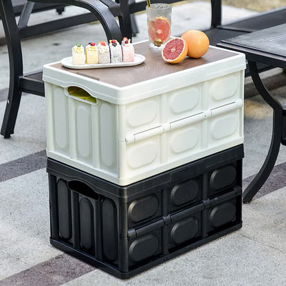 30L Black Foldable Storage Box with Wooden Lid - Multifunctional Car Organizer, Outdoor Folding Storage Container - OutdoorKids.au