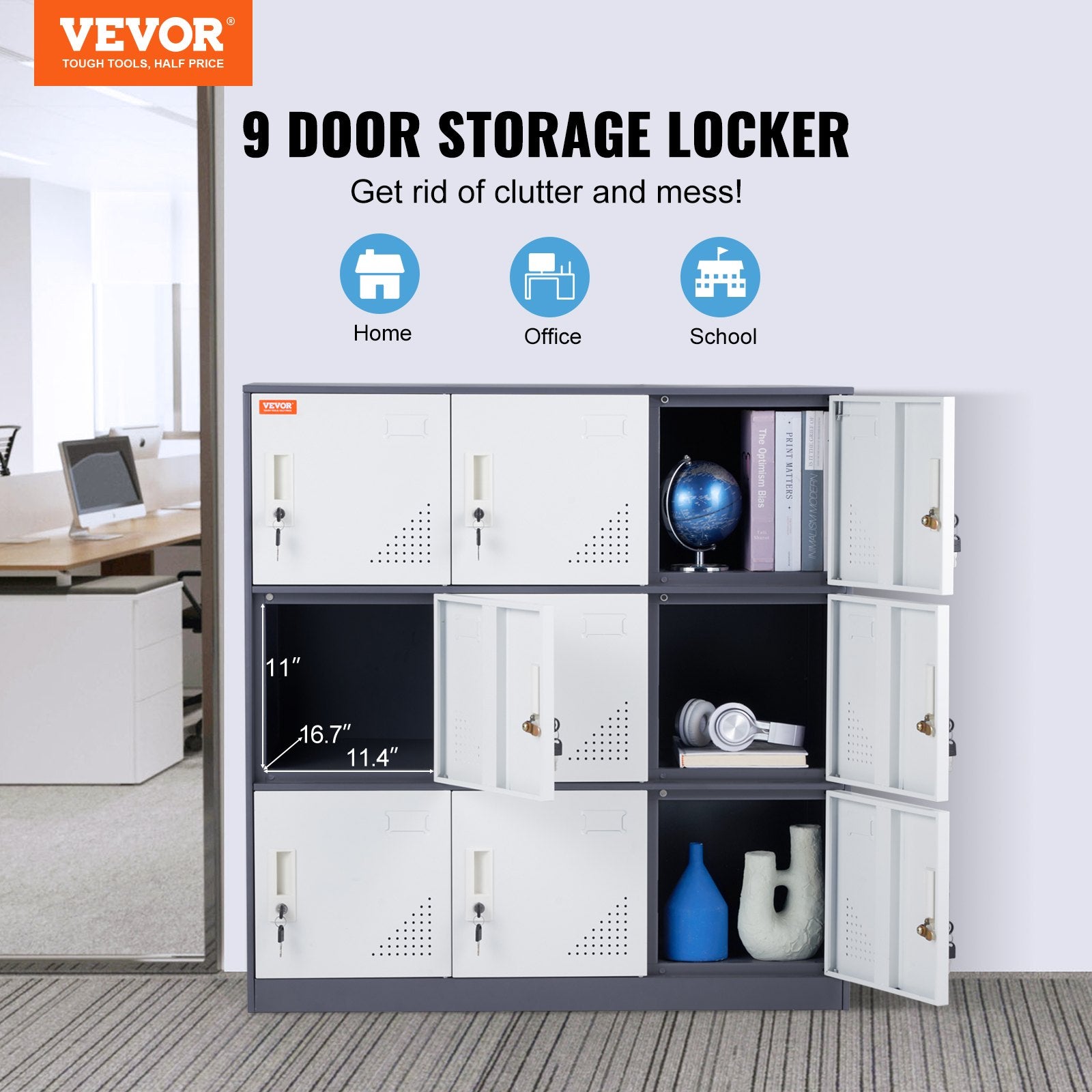 VEVOR 9 Doors Metal Storage Cabinet Employees Steel Storage Cabinet Office Gray - OutdoorKids.au